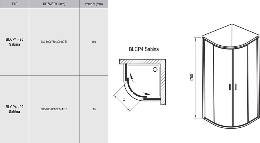 Mampara de ducha de un cuarto de círculo Blix BLCP4 Sabina de altura reducida